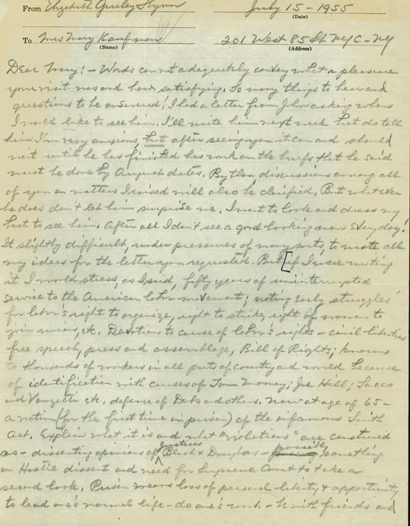Letter from Elizabeth Flynn to Mary Kaufman