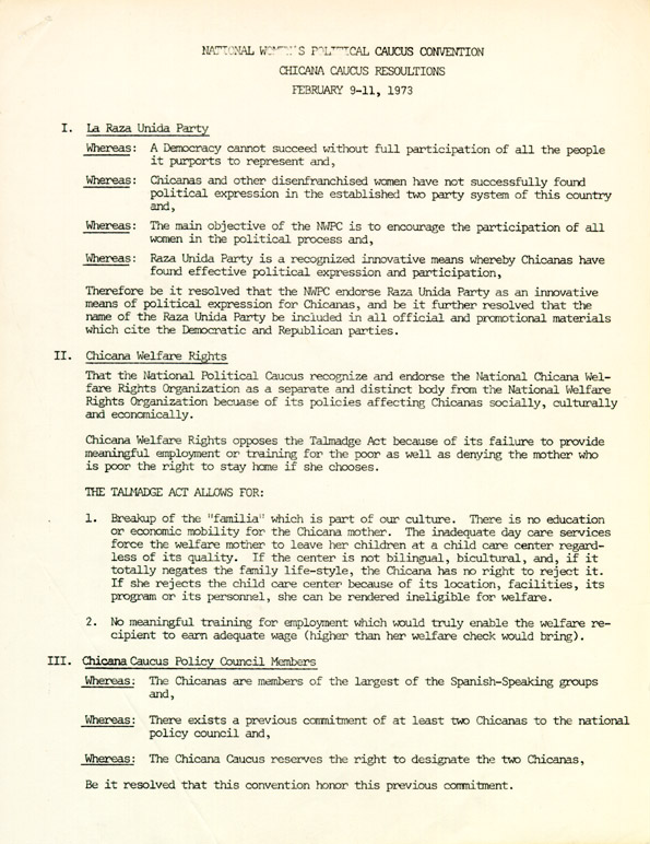 National  Women's Political Caucus (NWPC) Convention, Chicana Caucus Resolutions, February 9-11, 1973