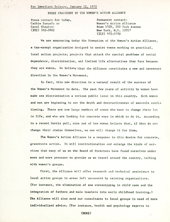 Press Statement by the Women's Action Alliance, January 12, 1972, page 1