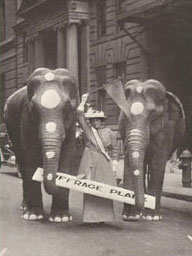 Portia Willis (Fitzgerald), with elephants Jennie and Lena carring the 'suffrage plank', 1916 