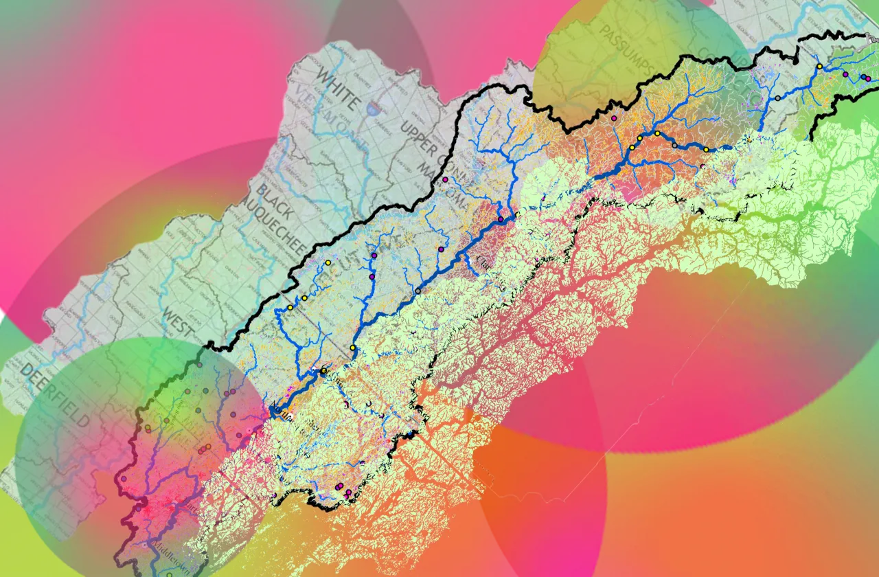 An image of a map with neon swatches of color on top.
