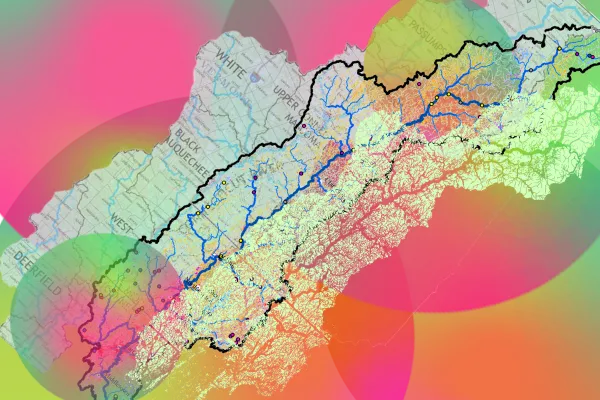 An image of a map with neon swatches of color on top.