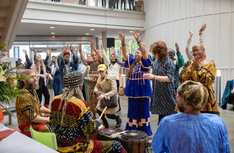 Dancers and drummers perform in the Campus Center