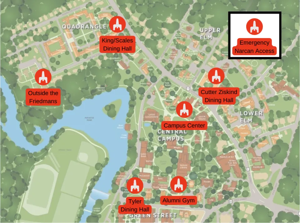 A map of the campus, showing where Narcan is found. Locations include Outside of the Friedman apartments, King/Scales dining hall, Cutter/Ziskind dining hall, the Campus Center, Tyler Dining hall, and the Alumnae Gym