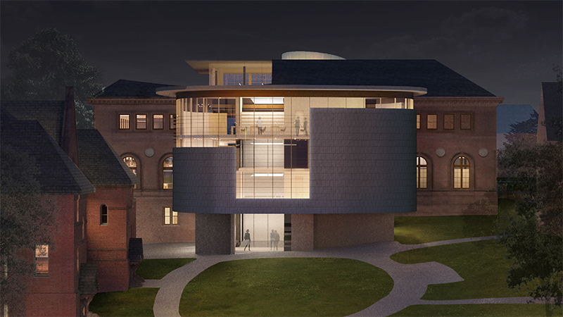 Nighttime rendering of Neilson Library from Green Street