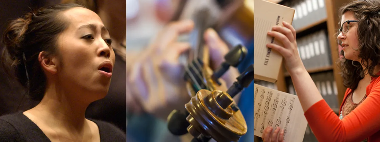 Student vocalist; closeup of student hands on violin; student in the music library