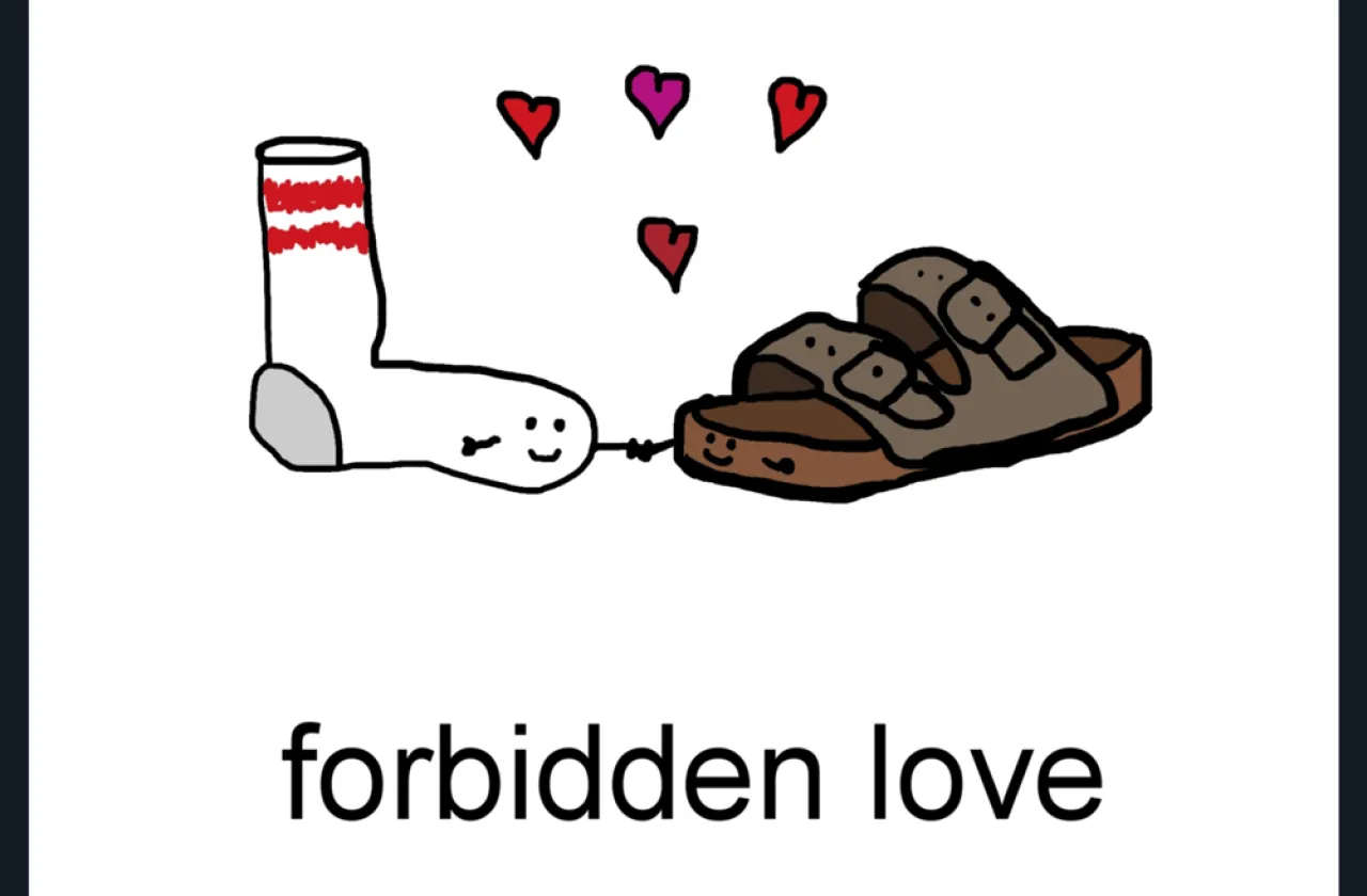 a sandal and a sock holding hands
