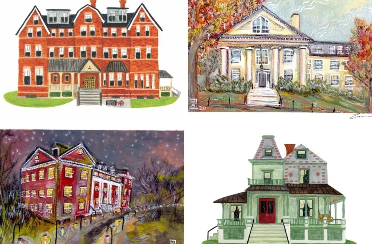 Grid of four watercolors of Smith houses