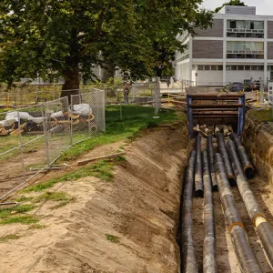 Newly laid distribution pipes next to the Davis Center