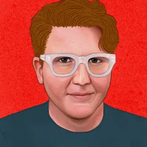Digital illustration of Amanda Ballantyne, wearing a blue shirt in front of a red background