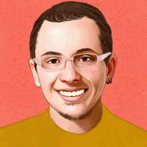 Digital illustration of R. Jordan Crouser, wearing a yellow shirt in front of a salmon-colored background