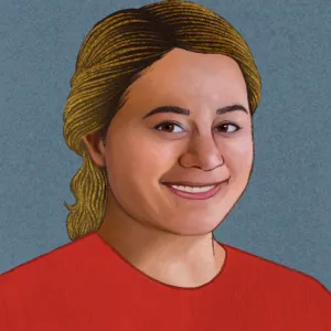 Digital illustration of Sherry Wong, wearing a red shirt in front of a blue background