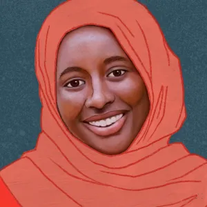 Digital illustration of Yacine Fall, wearing a red headscarf in front of a blue background