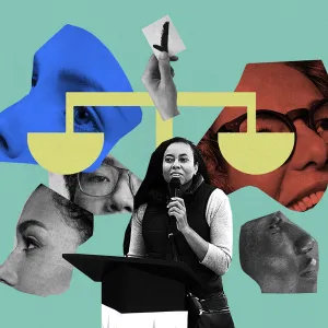 Collage--Cut out of Camille Wimbish speaking into a microphone. Behind her are cut-outs of other people's faces and a judicial scale