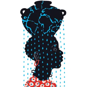Illustration: black silhouette of a woman carrying a jar on her head. The jar is cracked and blue raindrops are falling down.
