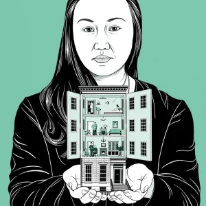 Illustration of Hanya Yanagihara holding a brownstone with the walls open to show the private lives of the inhabitants
