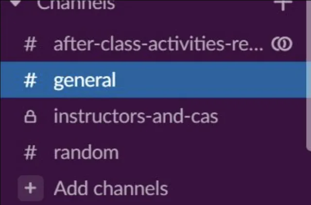 A screenshot of Slack, with the channel #general highlighted.