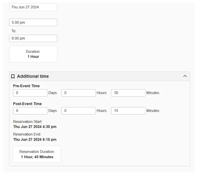 Graphic showing the 25Live interface, with additional minutes entered in the "pre-event time" and "post-event time" fields