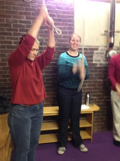 Sarah McElhone Moriarty ’72 and Emily Kaplan ’16 practice change ringing in Mendenhall Tower during Interterm.