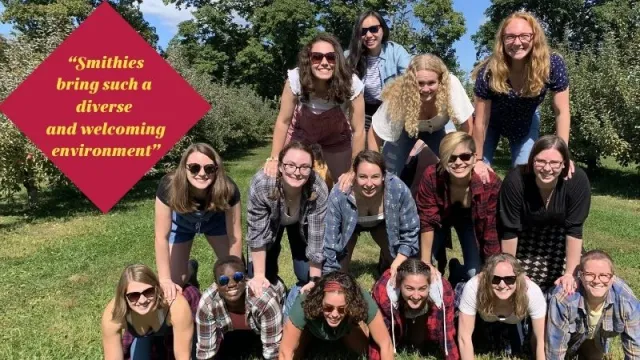 Pyramid of Smith Students. Word overlay: "Smithies bring such a diverse and welcoming environment"