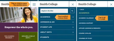 A screen shot showing the use of the mobile menu