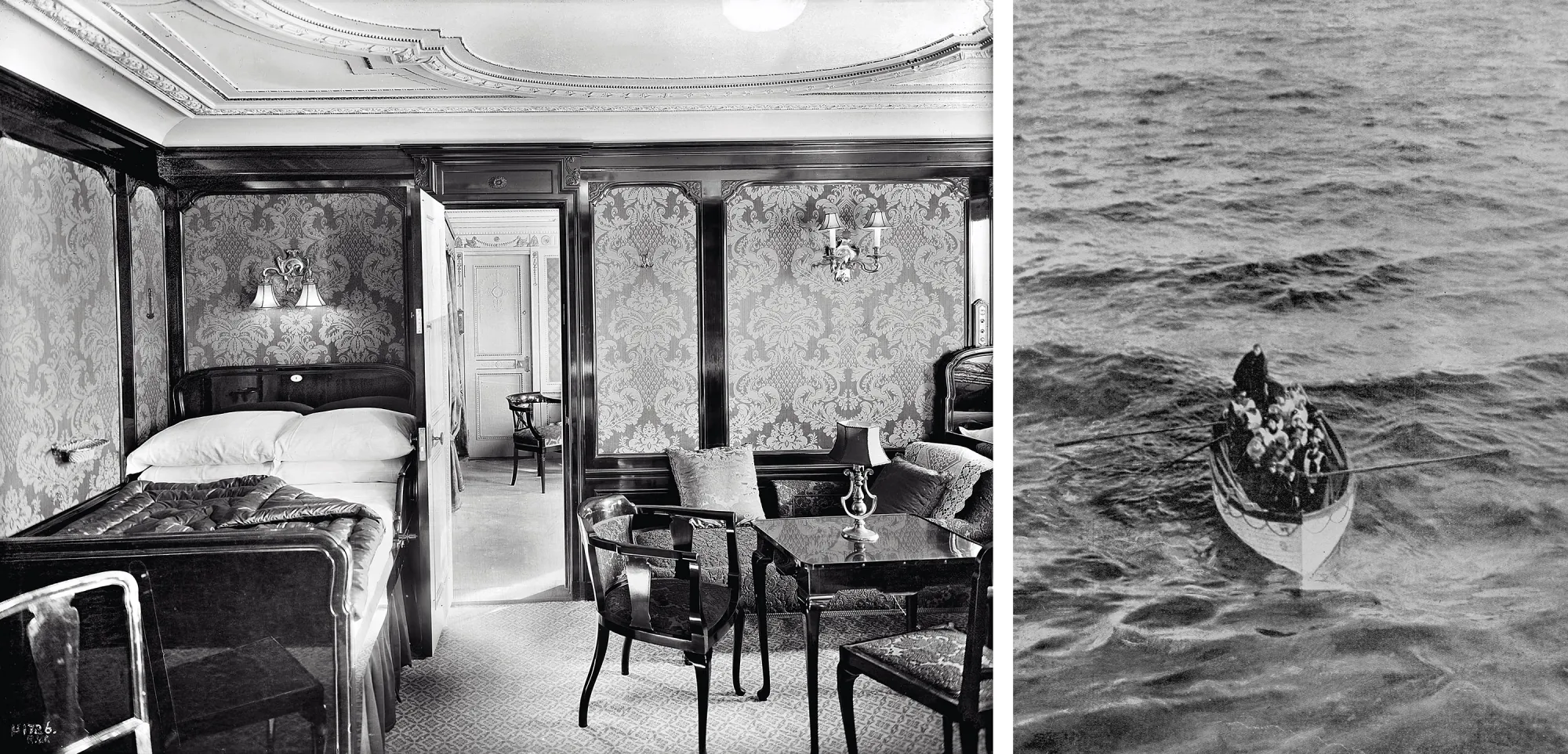 Left image shows a very decorated and luxurious room with a bed, table and chairs, the photo on the left shows survivors rowing in a lifeboat.