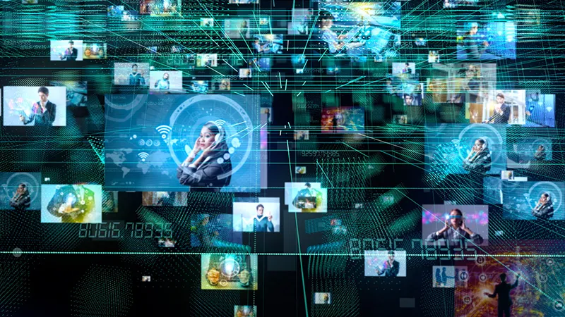 Screen images on a field of black interconnected, suggesting digital delivery of content